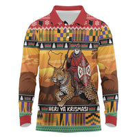 Kenya Safari Christmas Long Sleeve Polo Shirt Black Santa Riding Leopards - Heri ya Krismasi - Wonder Print Shop