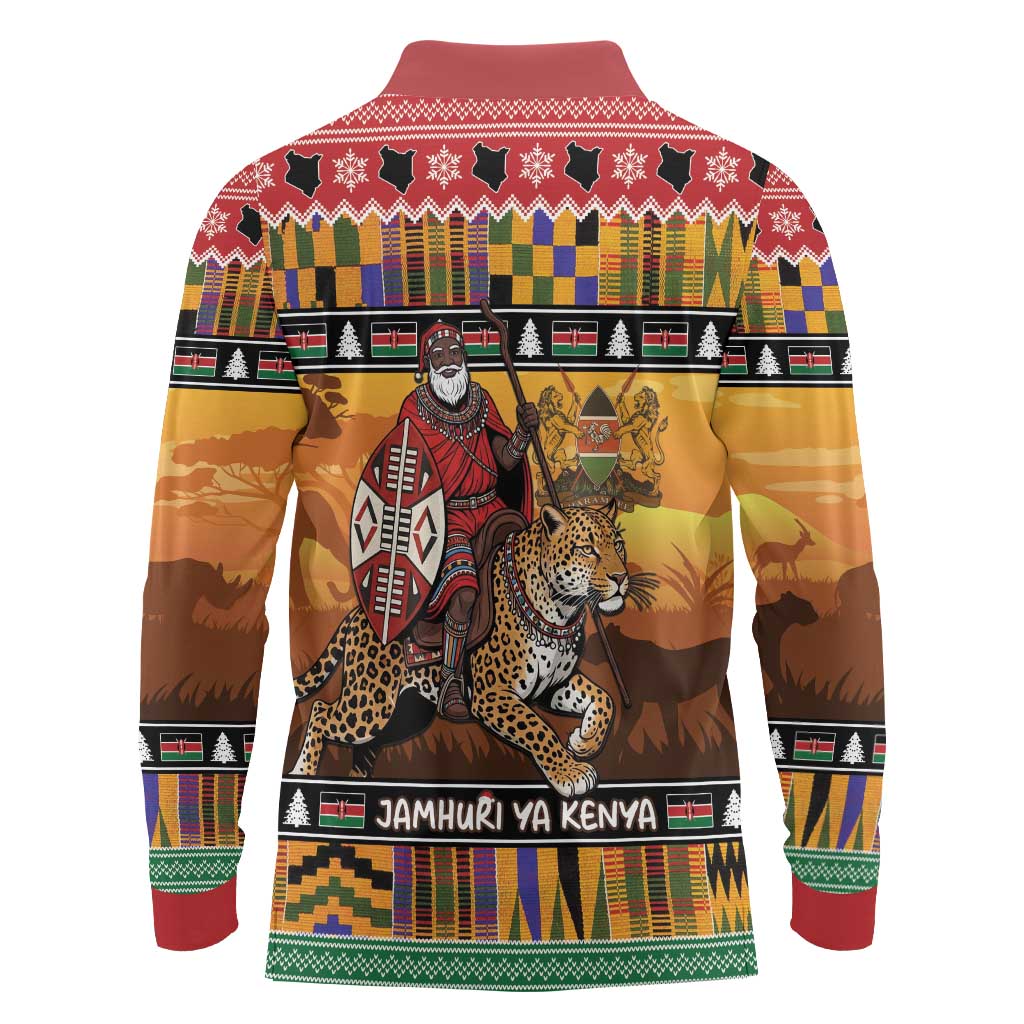 Kenya Safari Christmas Long Sleeve Polo Shirt Black Santa Riding Leopards - Heri ya Krismasi - Wonder Print Shop