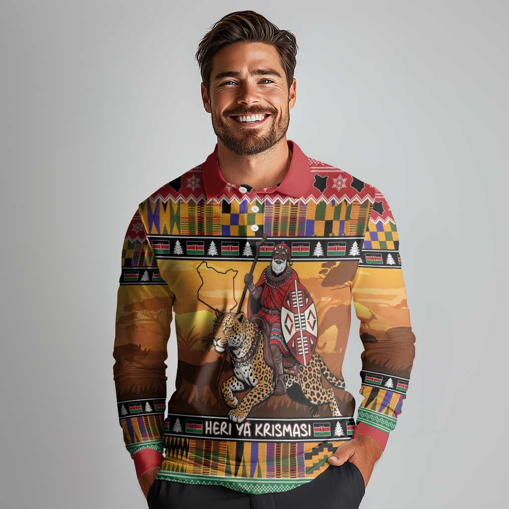 Kenya Safari Christmas Long Sleeve Polo Shirt Black Santa Riding Leopards - Heri ya Krismasi - Wonder Print Shop