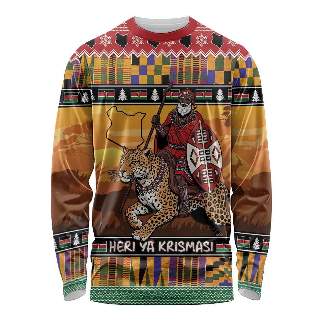 Kenya Safari Christmas Long Sleeve Shirt Black Santa Riding Leopards - Heri ya Krismasi - Wonder Print Shop