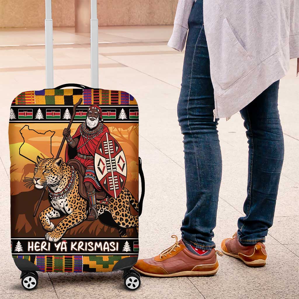 Kenya Safari Christmas Luggage Cover Black Santa Riding Leopards - Heri ya Krismasi - Wonder Print Shop
