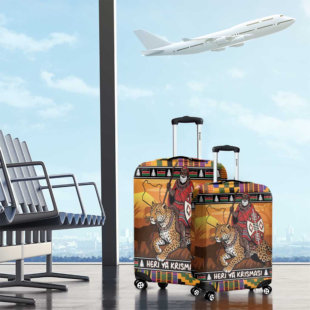 Kenya Safari Christmas Luggage Cover Black Santa Riding Leopards - Heri ya Krismasi - Wonder Print Shop