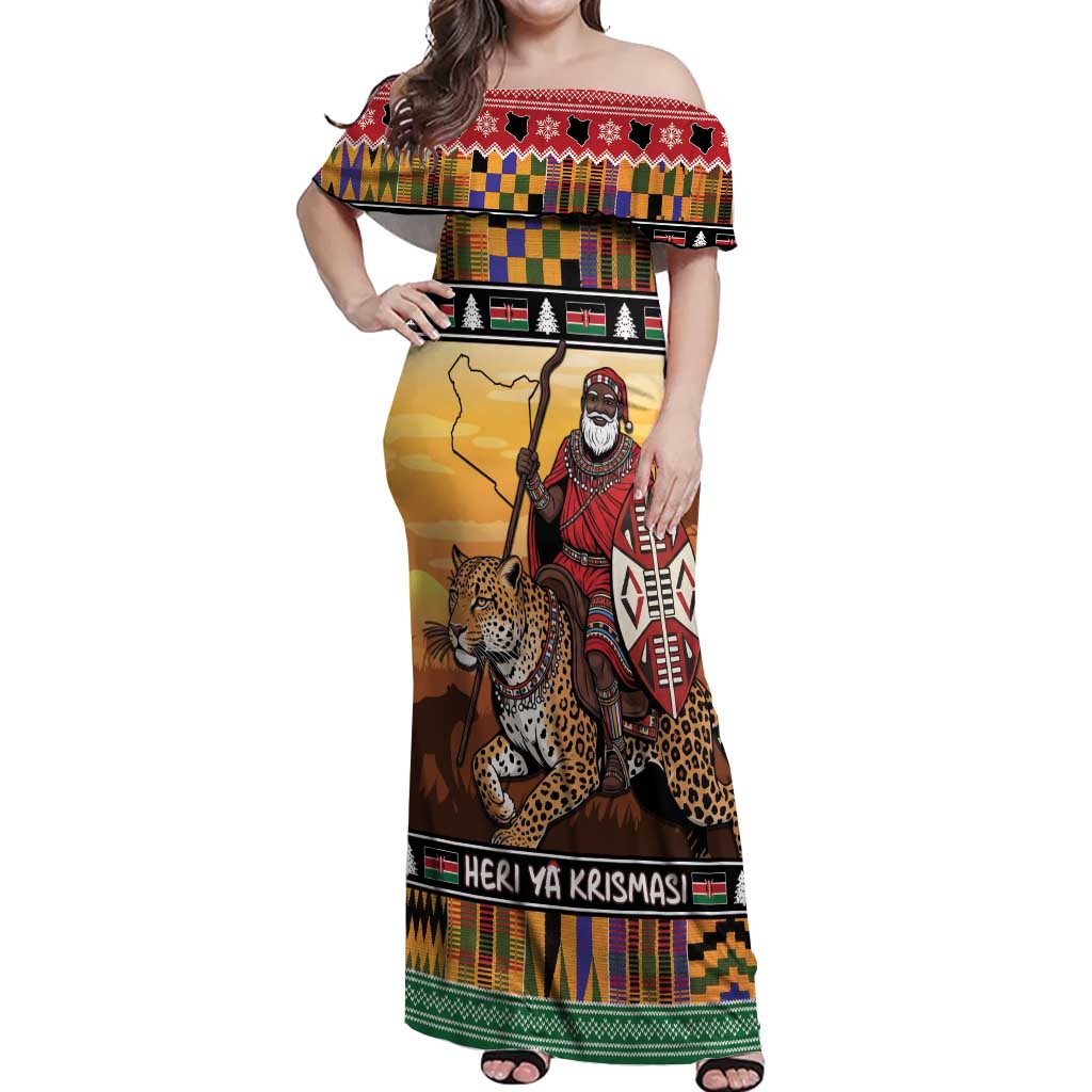 Kenya Safari Christmas Off Shoulder Maxi Dress Black Santa Riding Leopards - Heri ya Krismasi - Wonder Print Shop