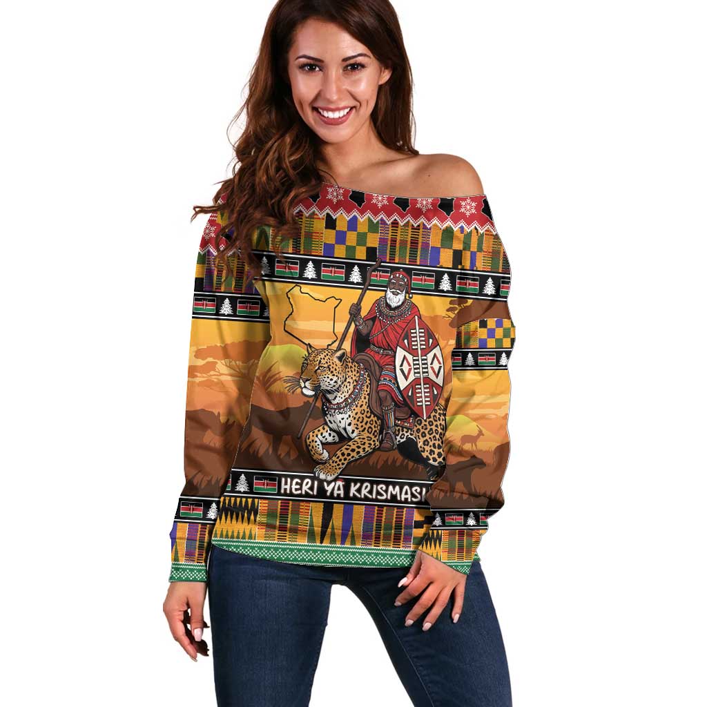 Kenya Safari Christmas Off Shoulder Sweater Black Santa Riding Leopards - Heri ya Krismasi - Wonder Print Shop