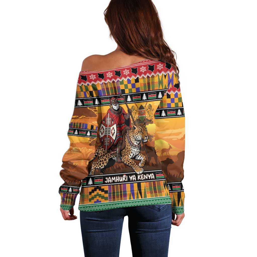 Kenya Safari Christmas Off Shoulder Sweater Black Santa Riding Leopards - Heri ya Krismasi - Wonder Print Shop