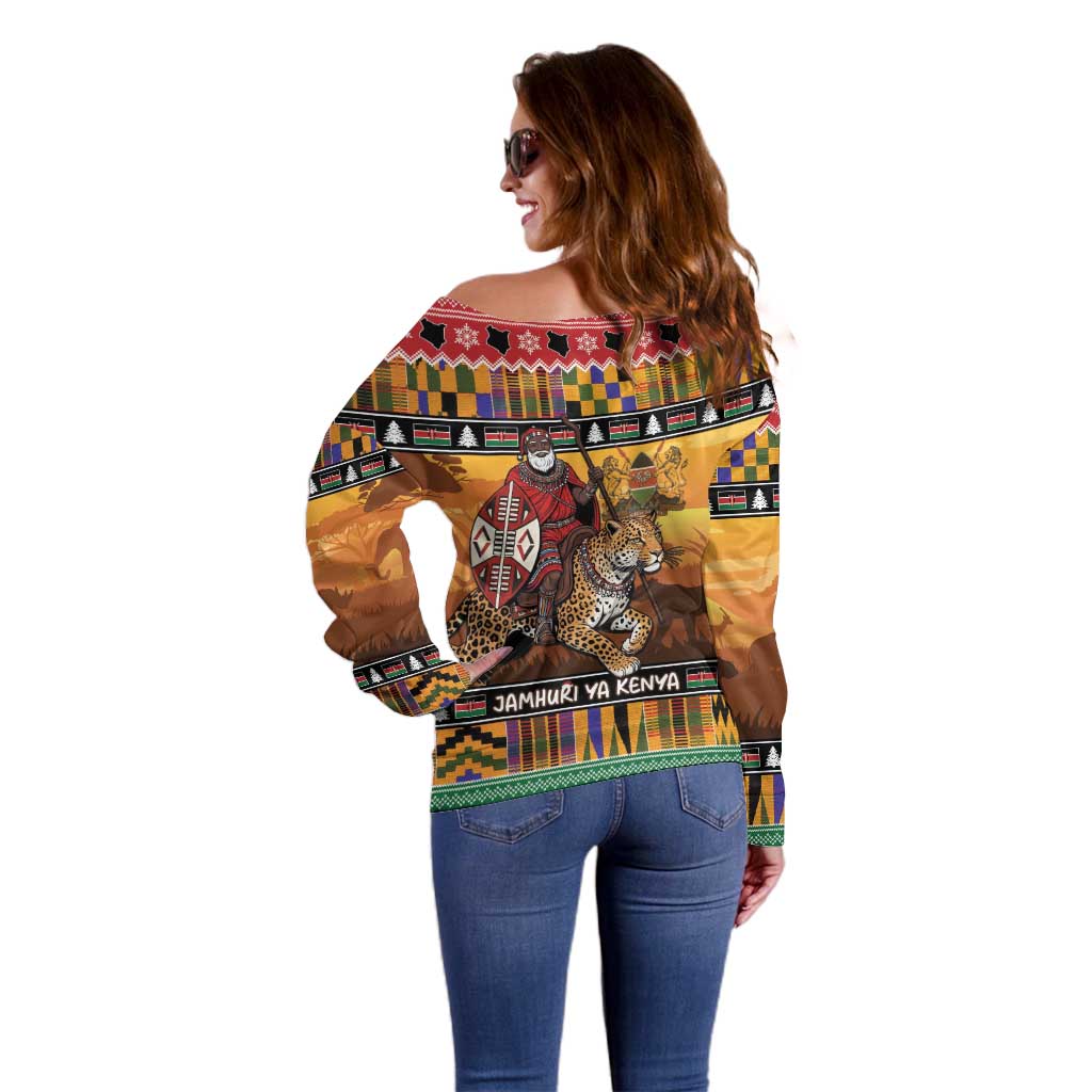 Kenya Safari Christmas Off Shoulder Sweater Black Santa Riding Leopards - Heri ya Krismasi - Wonder Print Shop