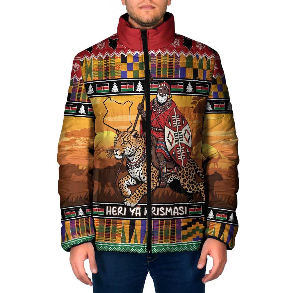 Kenya Safari Christmas Padded Jacket Black Santa Riding Leopards - Heri ya Krismasi - Wonder Print Shop