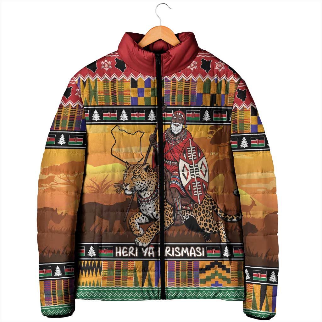Kenya Safari Christmas Padded Jacket Black Santa Riding Leopards - Heri ya Krismasi - Wonder Print Shop