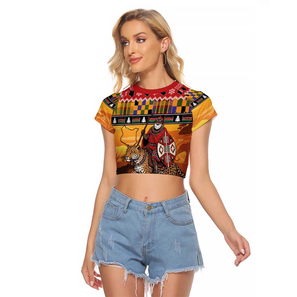 Kenya Safari Christmas Raglan Cropped T Shirt Black Santa Riding Leopards - Heri ya Krismasi - Wonder Print Shop
