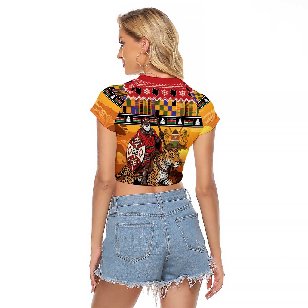 Kenya Safari Christmas Raglan Cropped T Shirt Black Santa Riding Leopards - Heri ya Krismasi - Wonder Print Shop