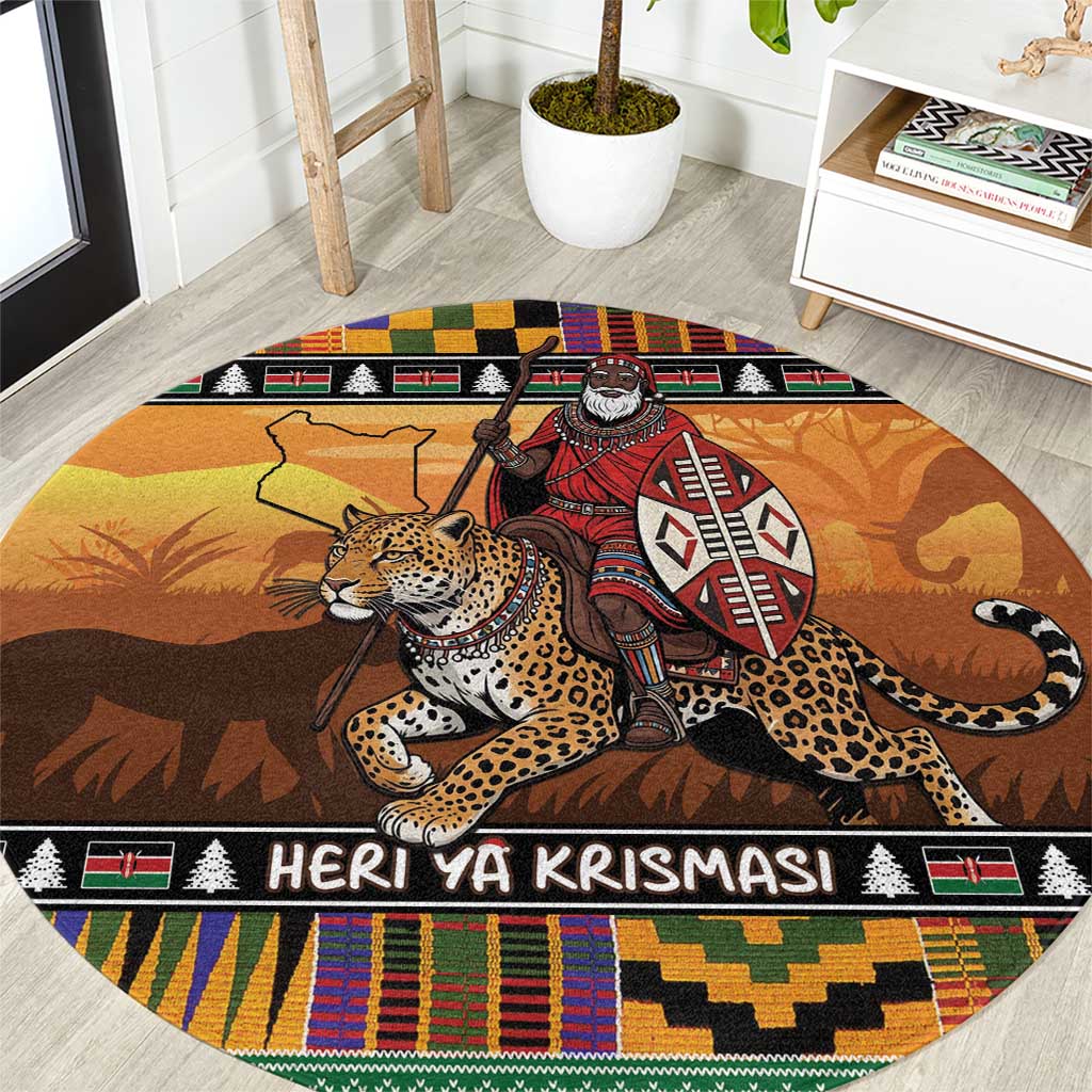 Kenya Safari Christmas Round Carpet Black Santa Riding Leopards - Heri ya Krismasi - Wonder Print Shop