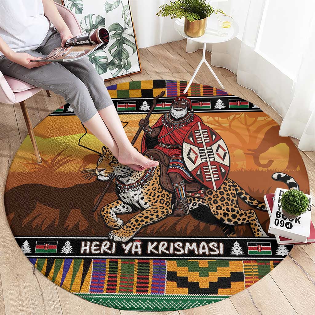 Kenya Safari Christmas Round Carpet Black Santa Riding Leopards - Heri ya Krismasi - Wonder Print Shop