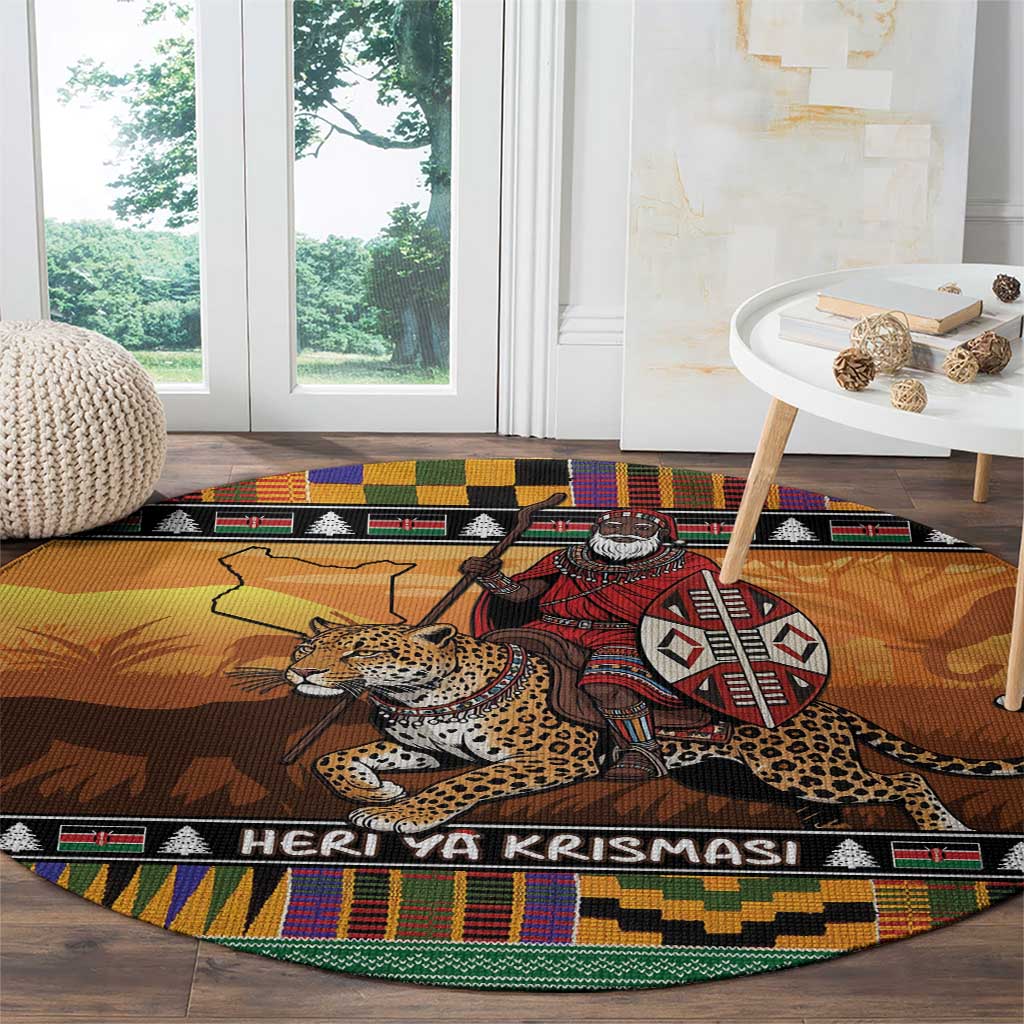 Kenya Safari Christmas Round Carpet Black Santa Riding Leopards - Heri ya Krismasi - Wonder Print Shop