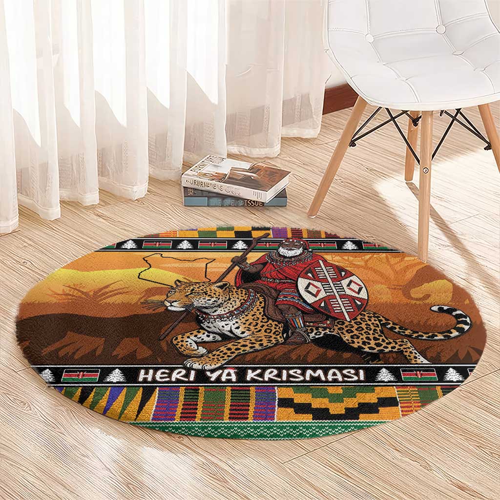 Kenya Safari Christmas Round Carpet Black Santa Riding Leopards - Heri ya Krismasi - Wonder Print Shop