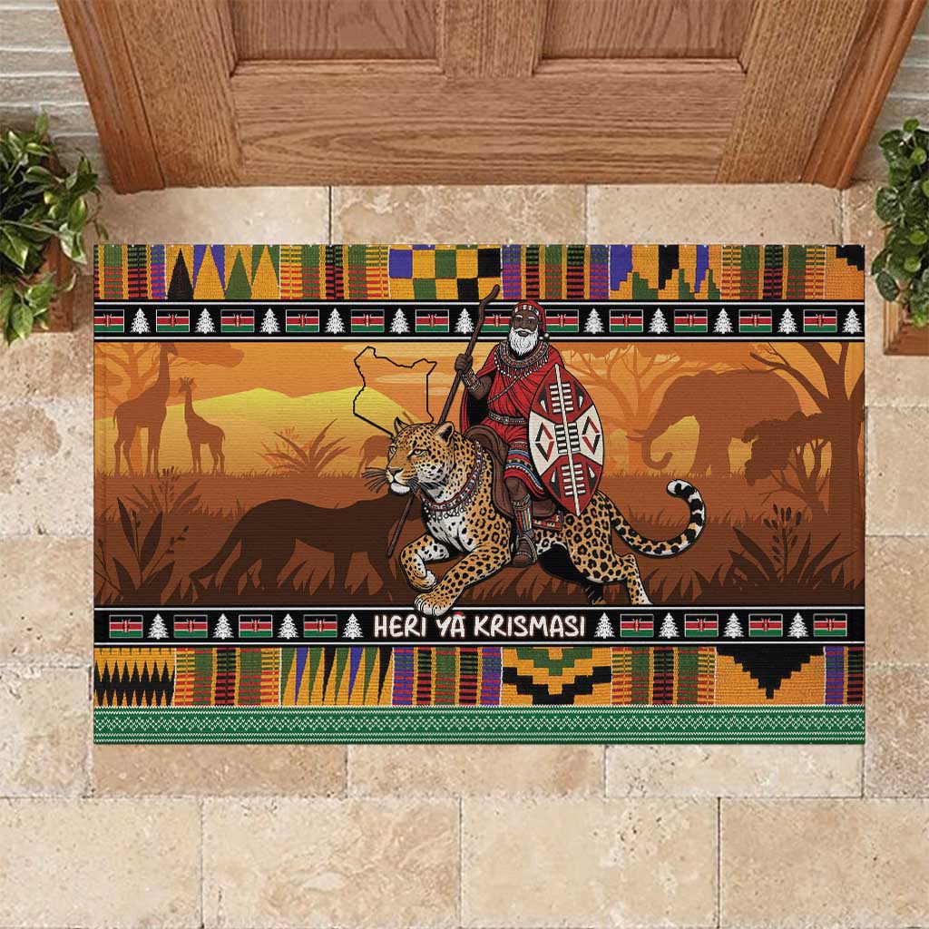 Kenya Safari Christmas Rubber Doormat Black Santa Riding Leopards - Heri ya Krismasi - Wonder Print Shop