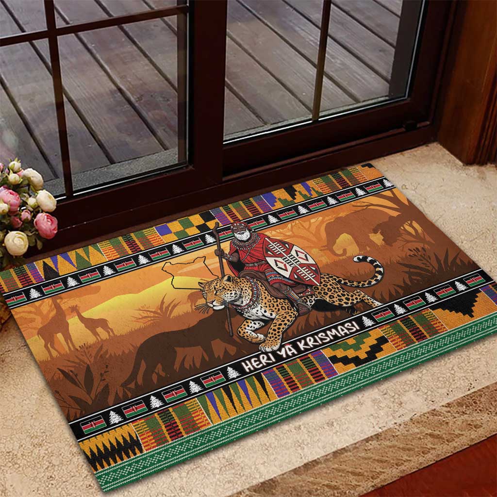 Kenya Safari Christmas Rubber Doormat Black Santa Riding Leopards - Heri ya Krismasi - Wonder Print Shop