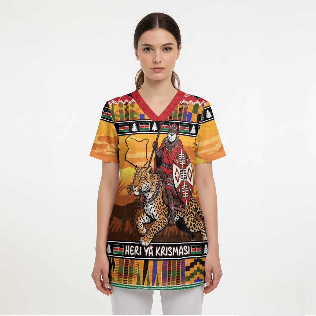 Kenya Safari Christmas Scrub Top Black Santa Riding Leopards - Heri ya Krismasi - Wonder Print Shop
