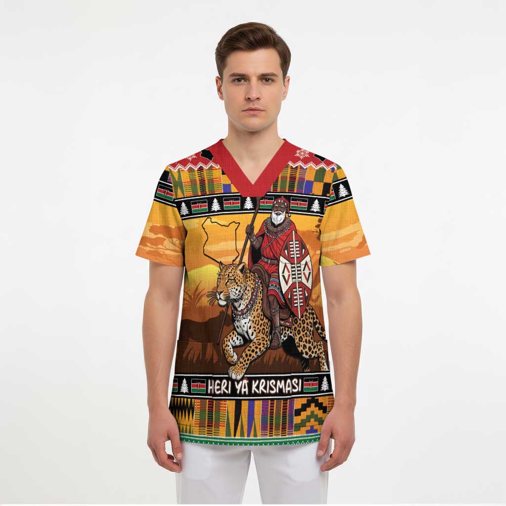 Kenya Safari Christmas Scrub Top Black Santa Riding Leopards - Heri ya Krismasi - Wonder Print Shop