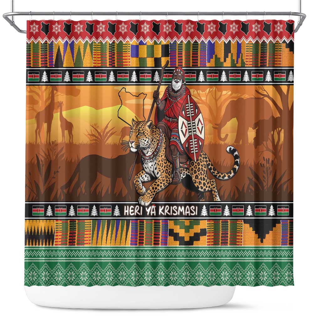 Kenya Safari Christmas Shower Curtain Black Santa Riding Leopards - Heri ya Krismasi - Wonder Print Shop