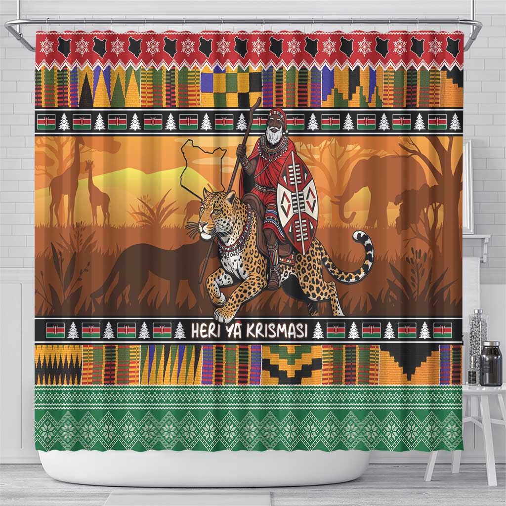 Kenya Safari Christmas Shower Curtain Black Santa Riding Leopards - Heri ya Krismasi - Wonder Print Shop