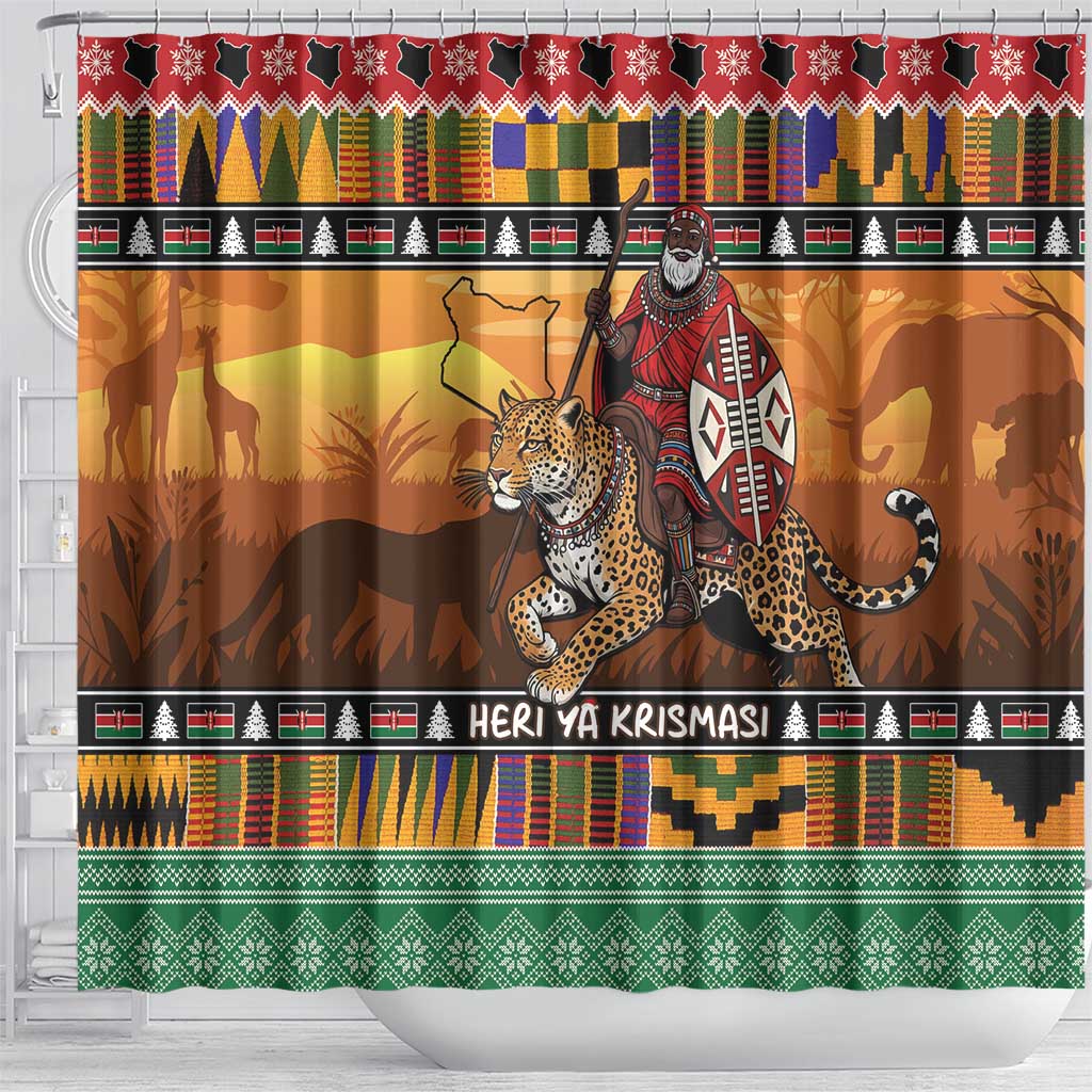 Kenya Safari Christmas Shower Curtain Black Santa Riding Leopards - Heri ya Krismasi - Wonder Print Shop