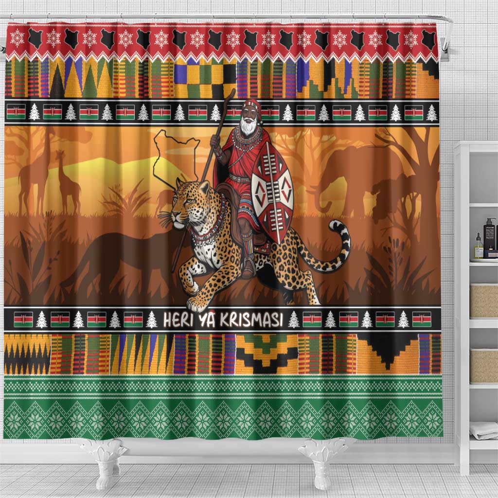 Kenya Safari Christmas Shower Curtain Black Santa Riding Leopards - Heri ya Krismasi - Wonder Print Shop