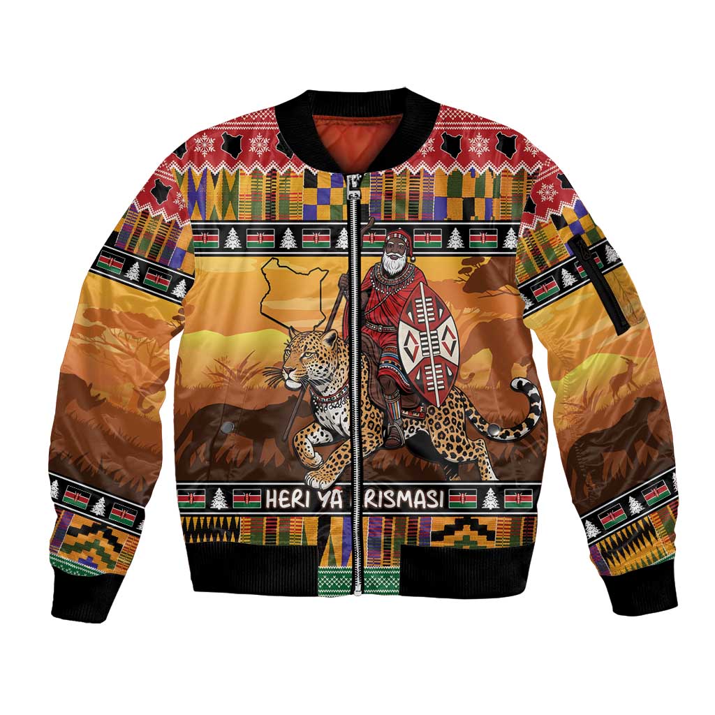 Kenya Safari Christmas Sleeve Zip Bomber Jacket Black Santa Riding Leopards - Heri ya Krismasi - Wonder Print Shop
