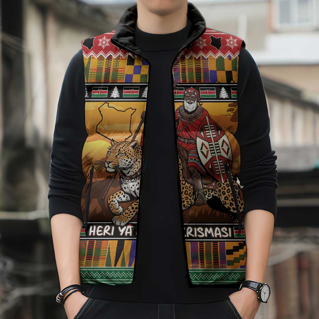 Kenya Safari Christmas Sleeveless Puffer Jacket Black Santa Riding Leopards - Heri ya Krismasi - Wonder Print Shop