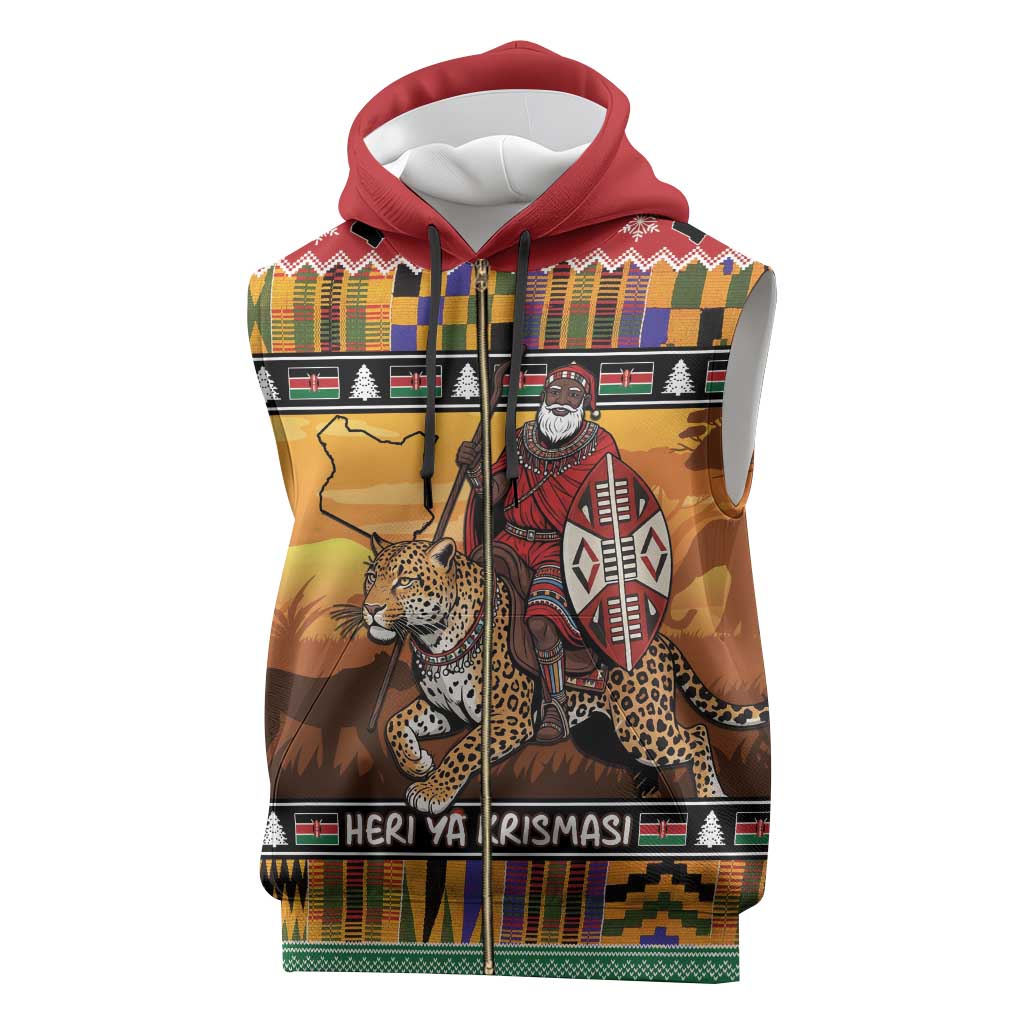 Kenya Safari Christmas Sleeveless Zip Hoodie Black Santa Riding Leopards - Heri ya Krismasi - Wonder Print Shop