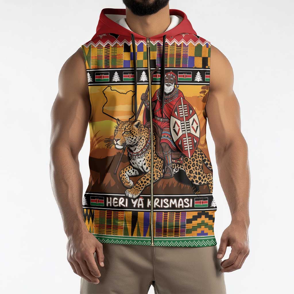 Kenya Safari Christmas Sleeveless Zip Hoodie Black Santa Riding Leopards - Heri ya Krismasi - Wonder Print Shop