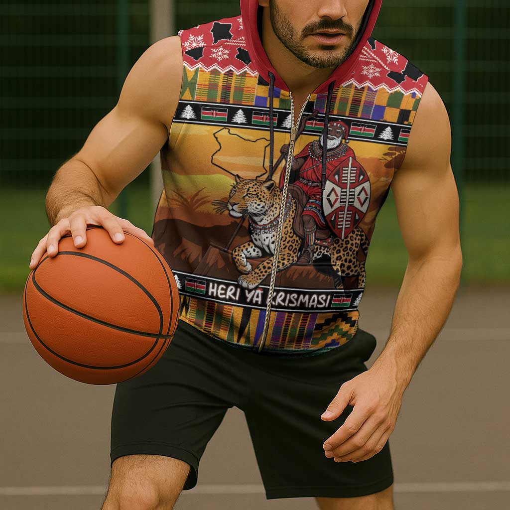 Kenya Safari Christmas Sleeveless Zip Hoodie Black Santa Riding Leopards - Heri ya Krismasi - Wonder Print Shop