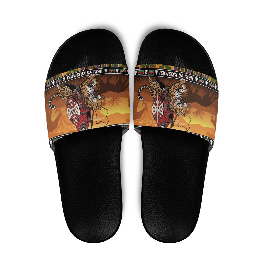 Kenya Safari Christmas Slide Sandals Black Santa Riding Leopards - Heri ya Krismasi - Wonder Print Shop