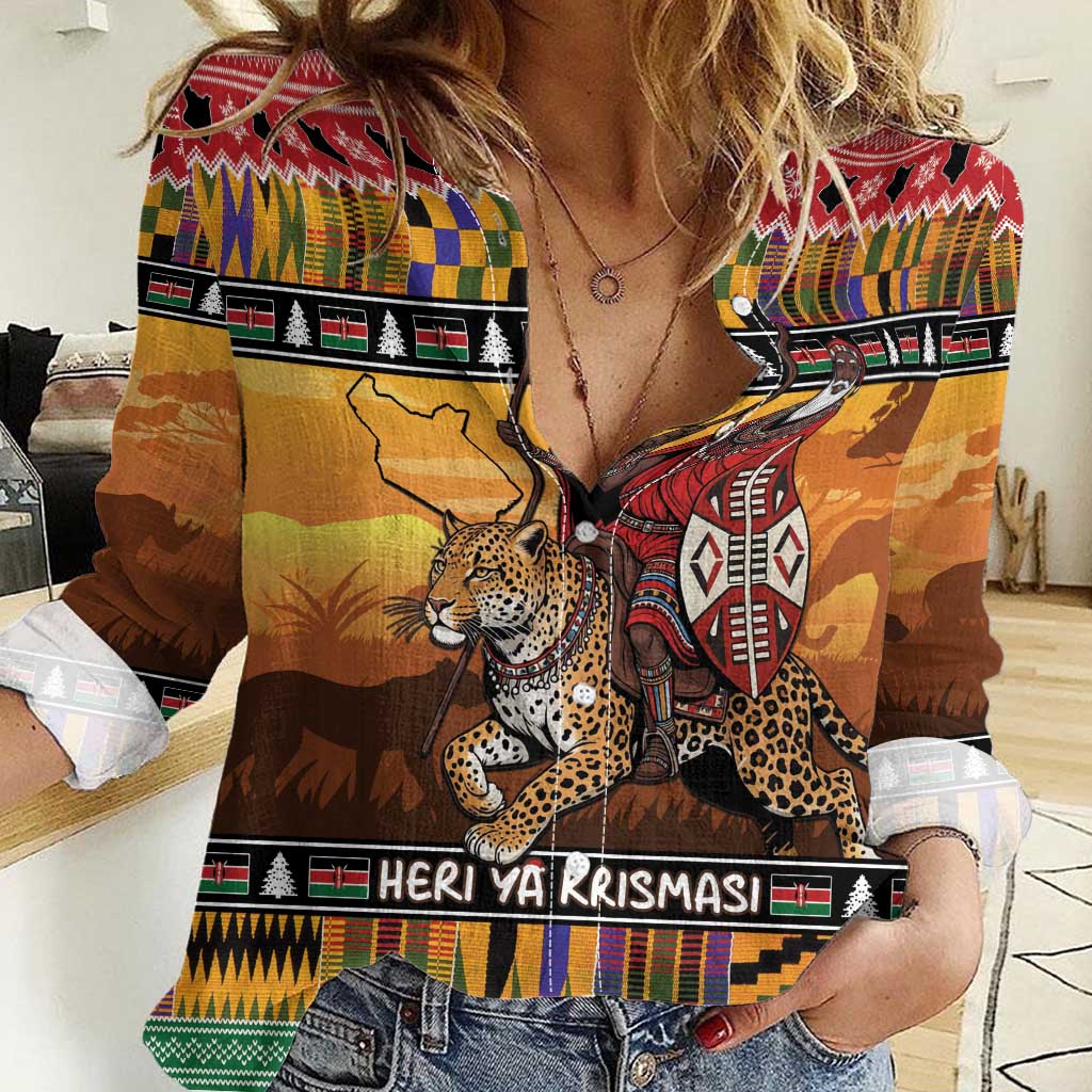 Kenya Safari Christmas Women Casual Shirt Black Santa Riding Leopards - Heri ya Krismasi - Wonder Print Shop