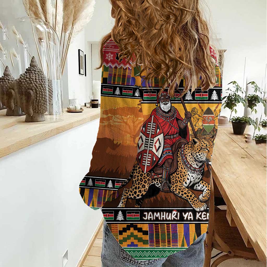 Kenya Safari Christmas Women Casual Shirt Black Santa Riding Leopards - Heri ya Krismasi - Wonder Print Shop