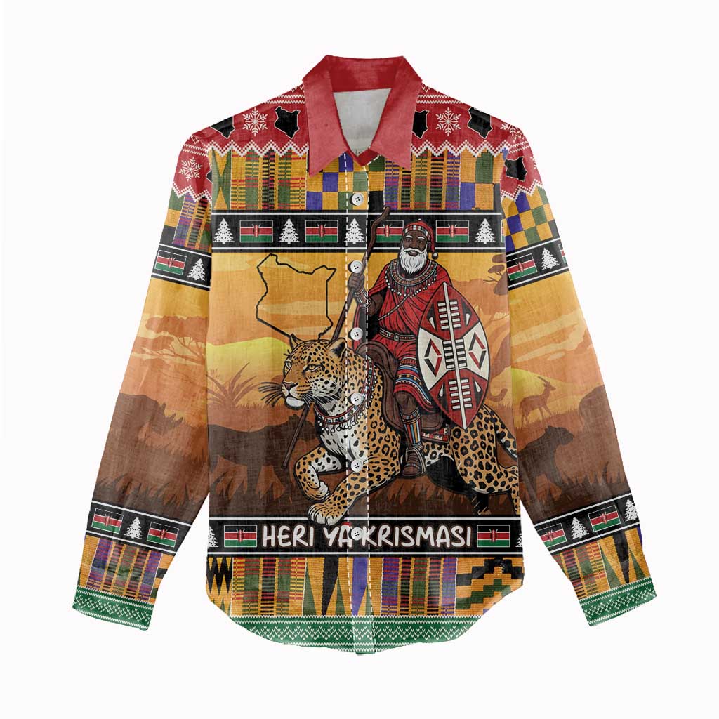 Kenya Safari Christmas Women Casual Shirt Black Santa Riding Leopards - Heri ya Krismasi - Wonder Print Shop