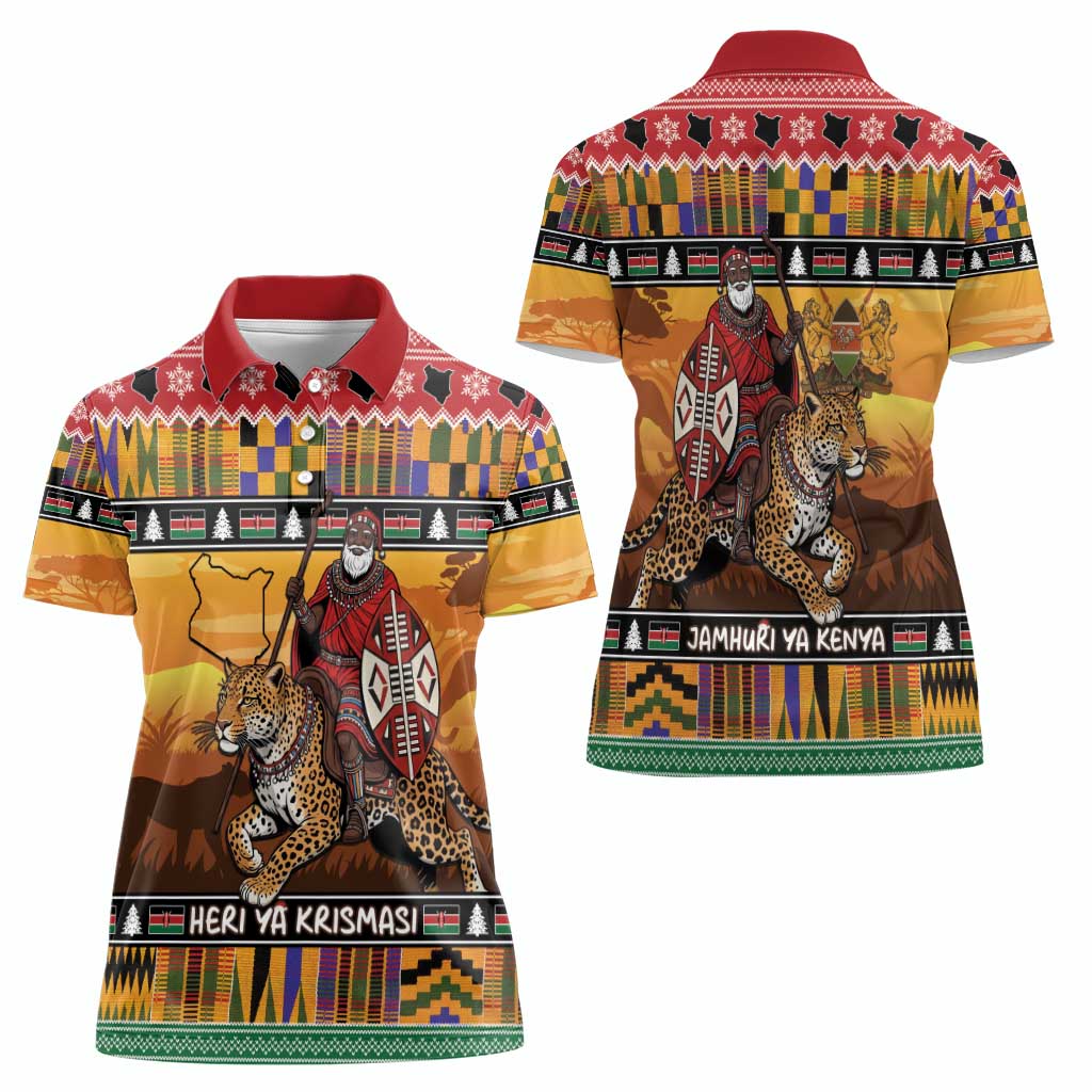 Kenya Safari Christmas Women Polo Shirt Black Santa Riding Leopards - Heri ya Krismasi - Wonder Print Shop