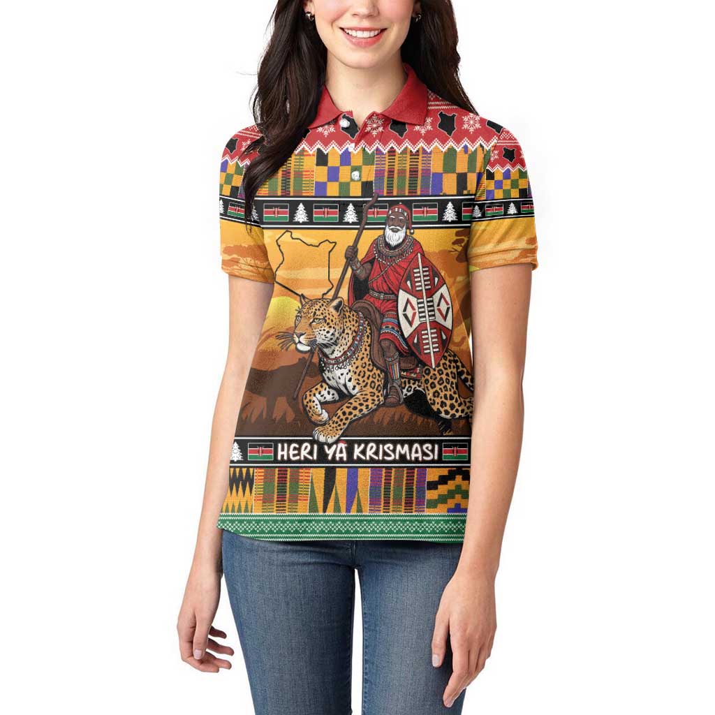 Kenya Safari Christmas Women Polo Shirt Black Santa Riding Leopards - Heri ya Krismasi - Wonder Print Shop