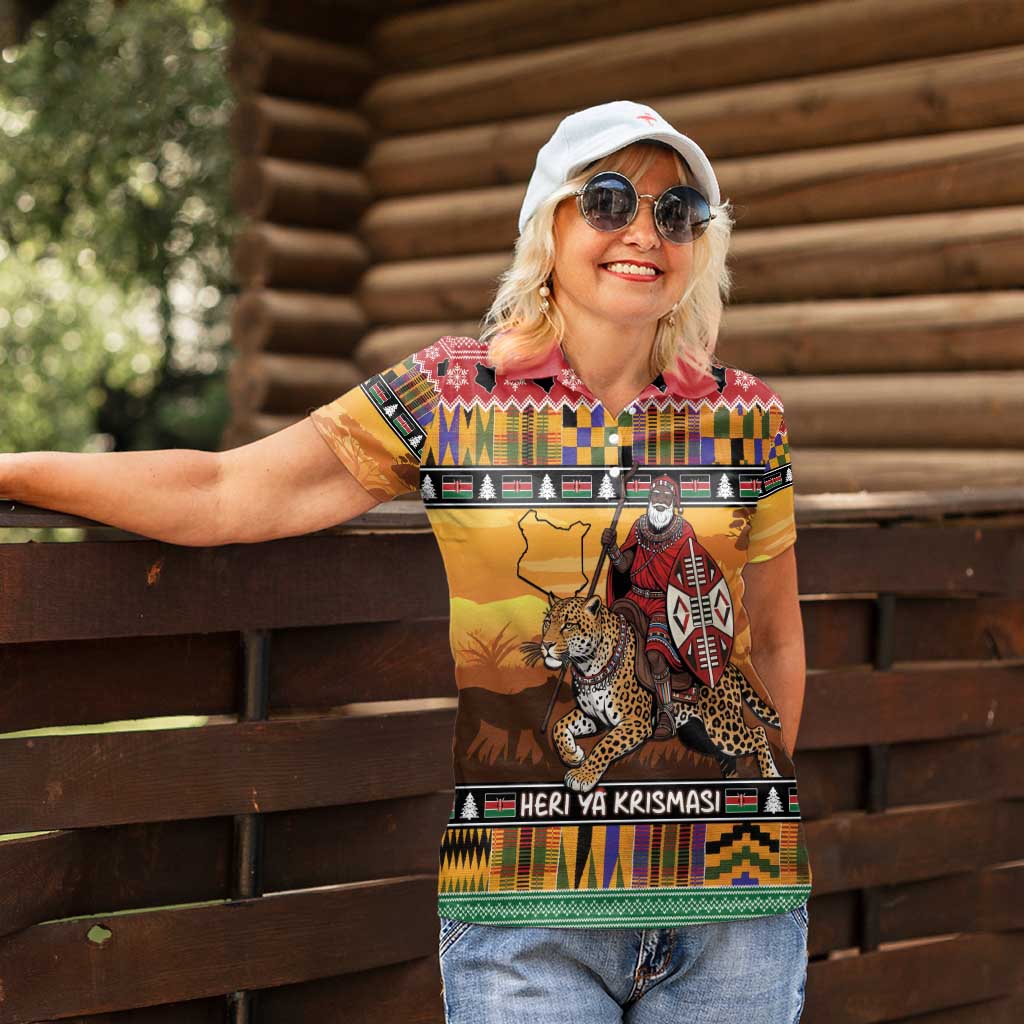 Kenya Safari Christmas Women Polo Shirt Black Santa Riding Leopards - Heri ya Krismasi - Wonder Print Shop