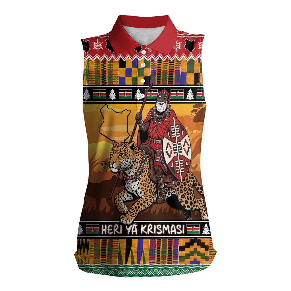Kenya Safari Christmas Women Sleeveless Polo Shirt Black Santa Riding Leopards - Heri ya Krismasi - Wonder Print Shop