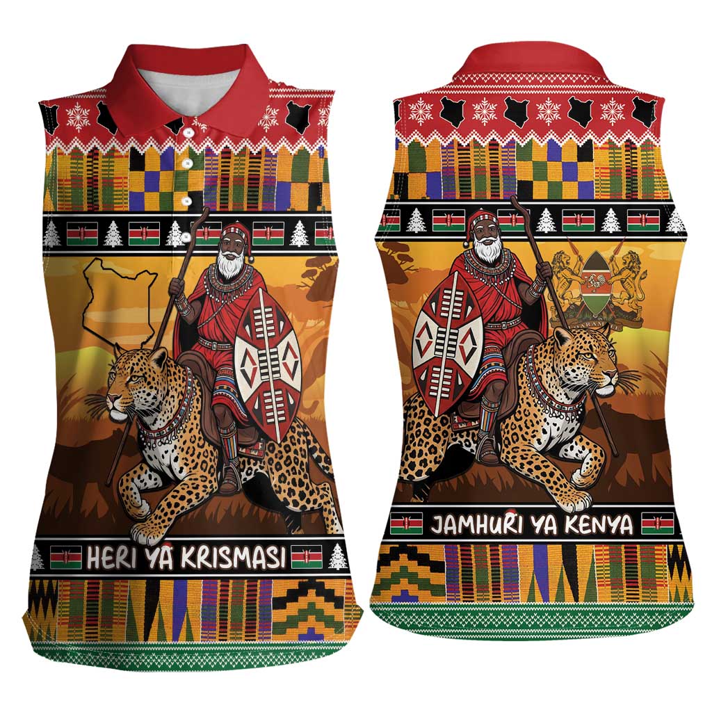 Kenya Safari Christmas Women Sleeveless Polo Shirt Black Santa Riding Leopards - Heri ya Krismasi - Wonder Print Shop