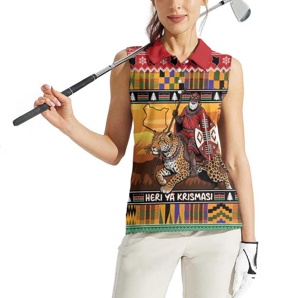 Kenya Safari Christmas Women Sleeveless Polo Shirt Black Santa Riding Leopards - Heri ya Krismasi - Wonder Print Shop