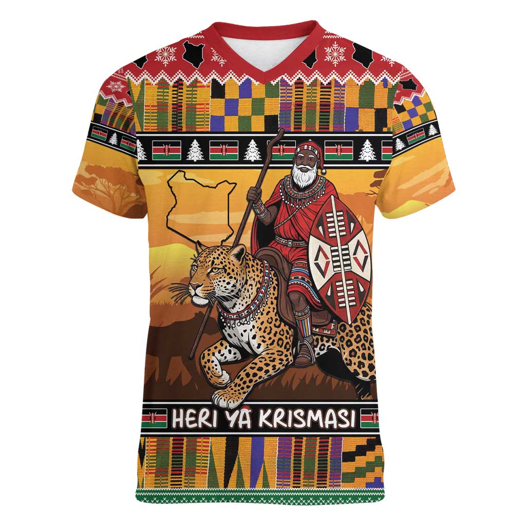 Kenya Safari Christmas Women V-Neck T-Shirt Black Santa Riding Leopards - Heri ya Krismasi - Wonder Print Shop