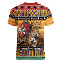 Kenya Safari Christmas Women V-Neck T-Shirt Black Santa Riding Leopards - Heri ya Krismasi - Wonder Print Shop