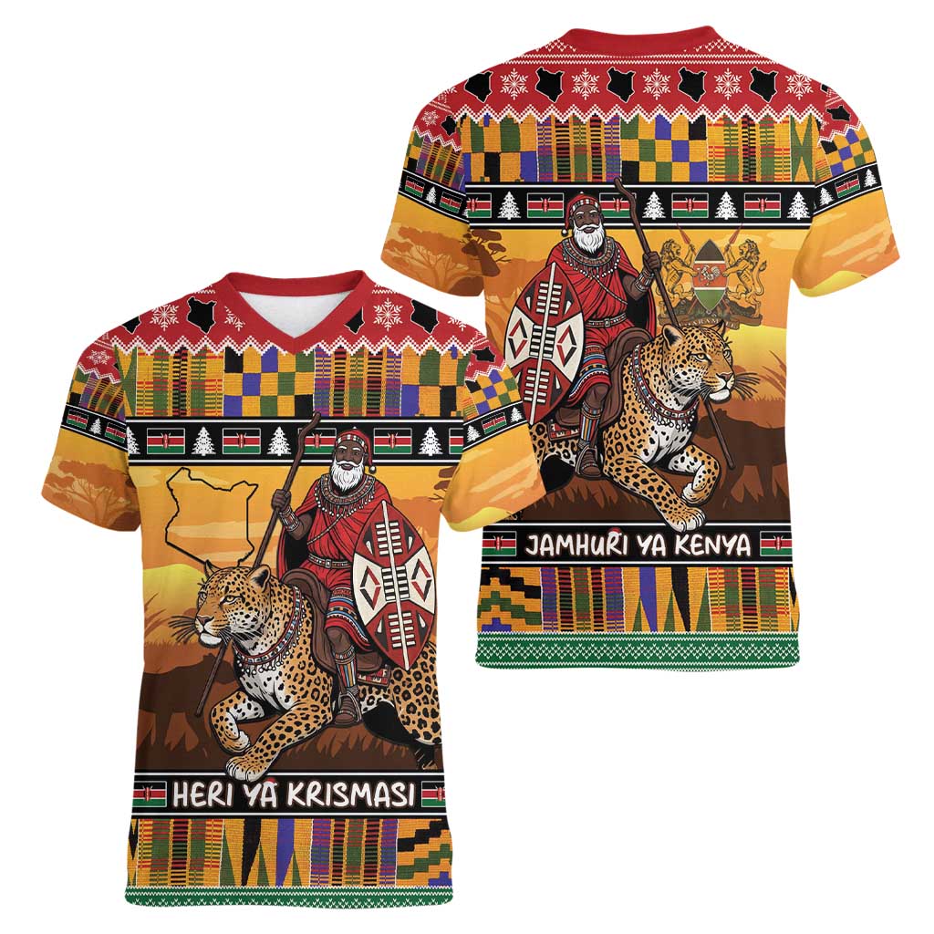 Kenya Safari Christmas Women V-Neck T-Shirt Black Santa Riding Leopards - Heri ya Krismasi - Wonder Print Shop
