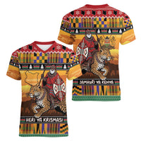 Kenya Safari Christmas Women V-Neck T-Shirt Black Santa Riding Leopards - Heri ya Krismasi - Wonder Print Shop