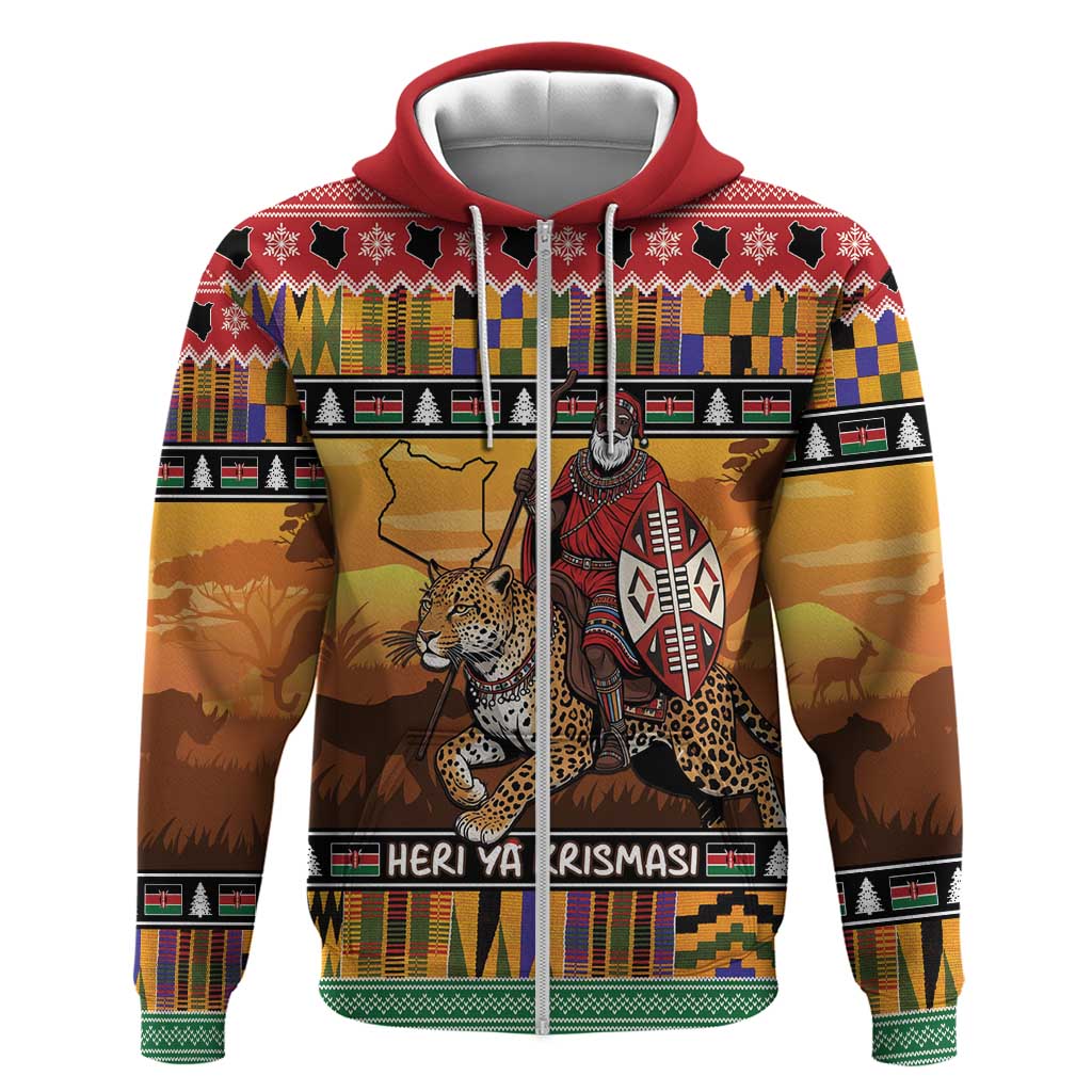 Kenya Safari Christmas Zip Hoodie Black Santa Riding Leopards - Heri ya Krismasi - Wonder Print Shop