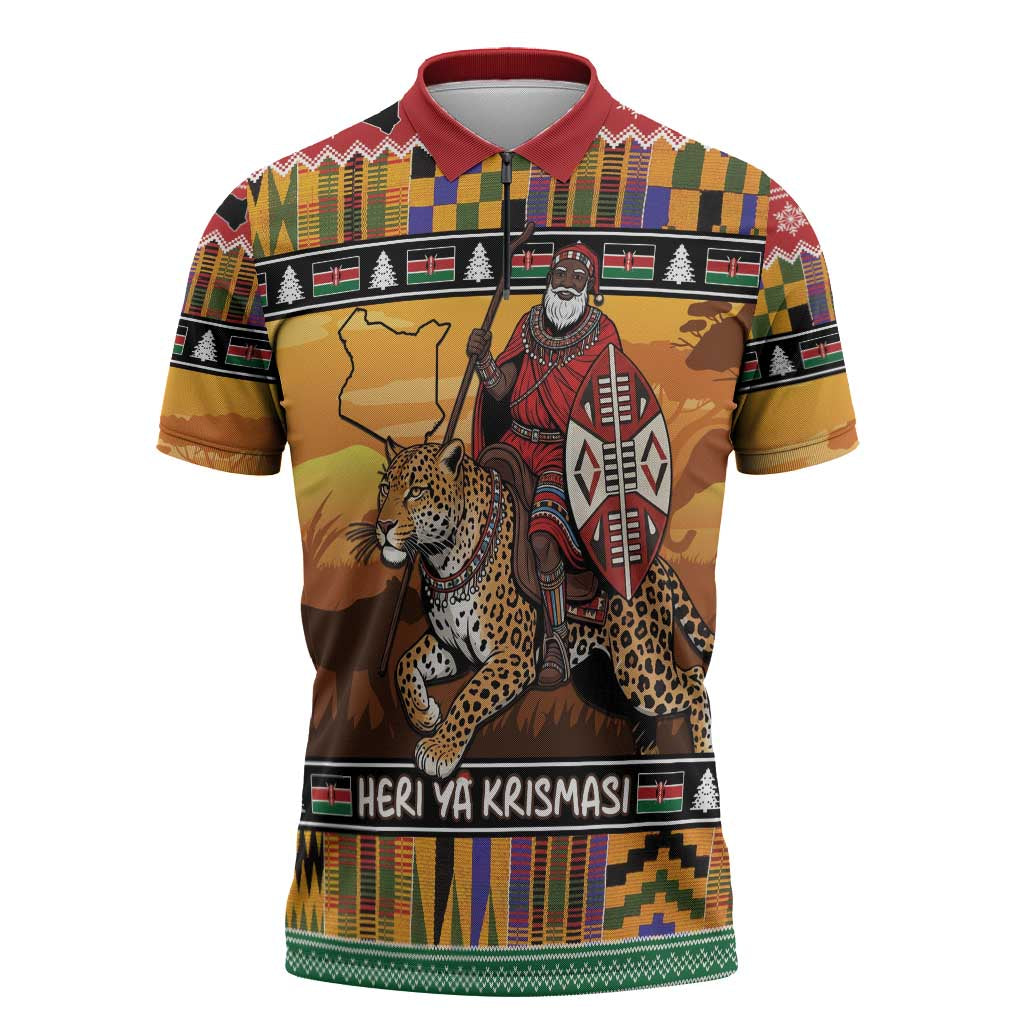 Kenya Safari Christmas Zipper Polo Shirt Black Santa Riding Leopards - Heri ya Krismasi - Wonder Print Shop