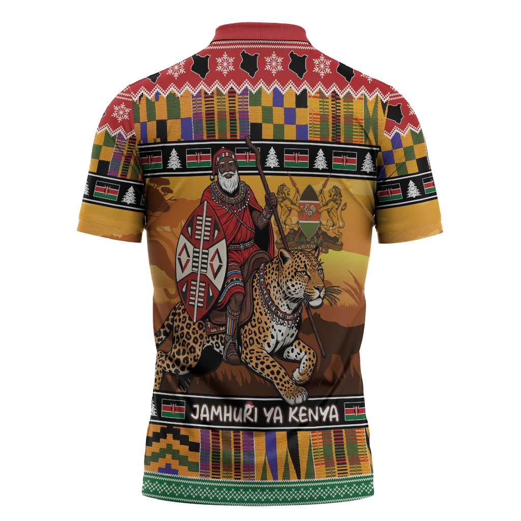 Kenya Safari Christmas Zipper Polo Shirt Black Santa Riding Leopards - Heri ya Krismasi - Wonder Print Shop