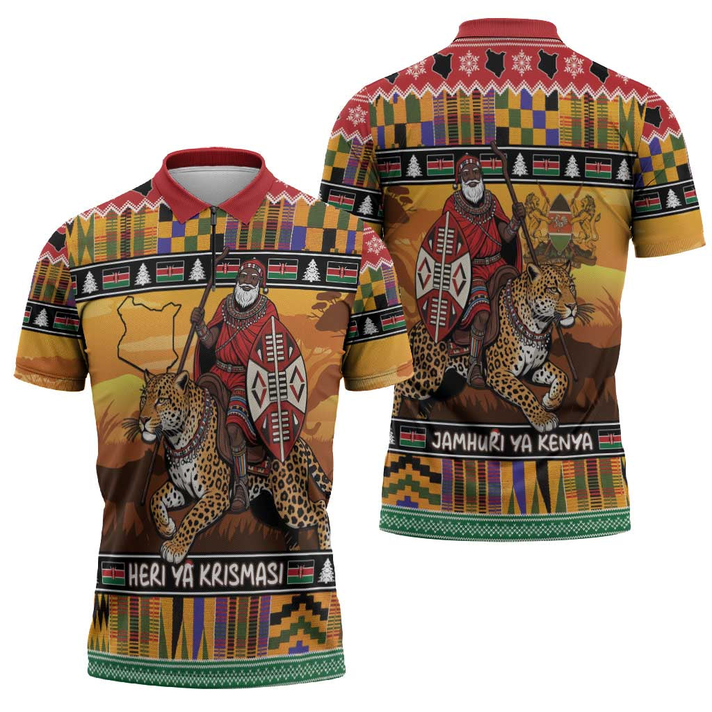 Kenya Safari Christmas Zipper Polo Shirt Black Santa Riding Leopards - Heri ya Krismasi - Wonder Print Shop