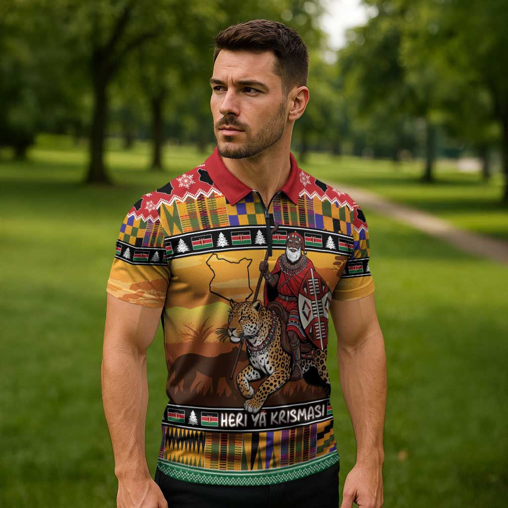 Kenya Safari Christmas Zipper Polo Shirt Black Santa Riding Leopards - Heri ya Krismasi - Wonder Print Shop